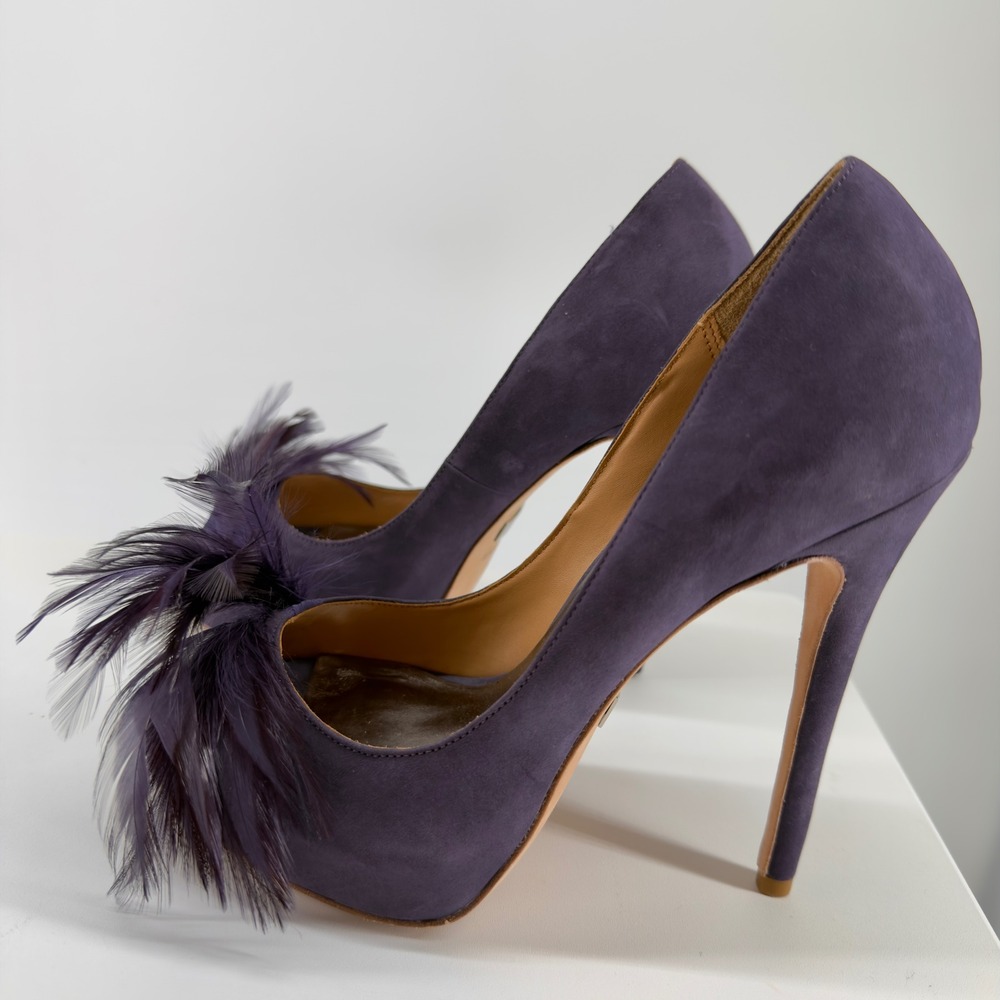 Badgley Mischa Purple Suede Feather Peep Toe Heels Size 7.5